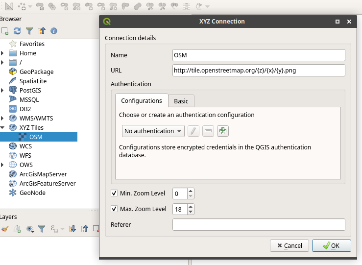 Adding the OSM XYZ Tiles in QGIS