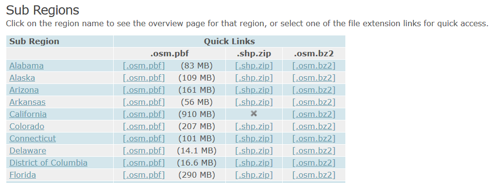 Geofabrik OSM data downloads: states of the US