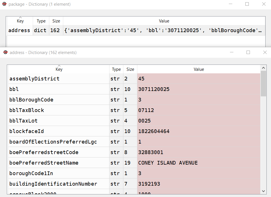 An address dictionary with sub-dictionaries returned by the NYC Geoclient