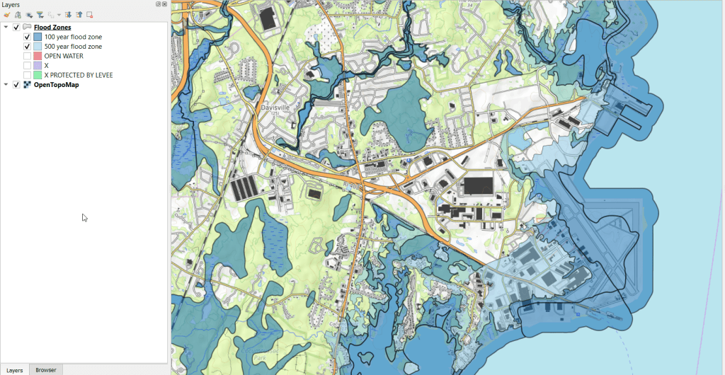 FEMA Flood Maps. Light blue areas are 500 year zones, dark blue are 100 year