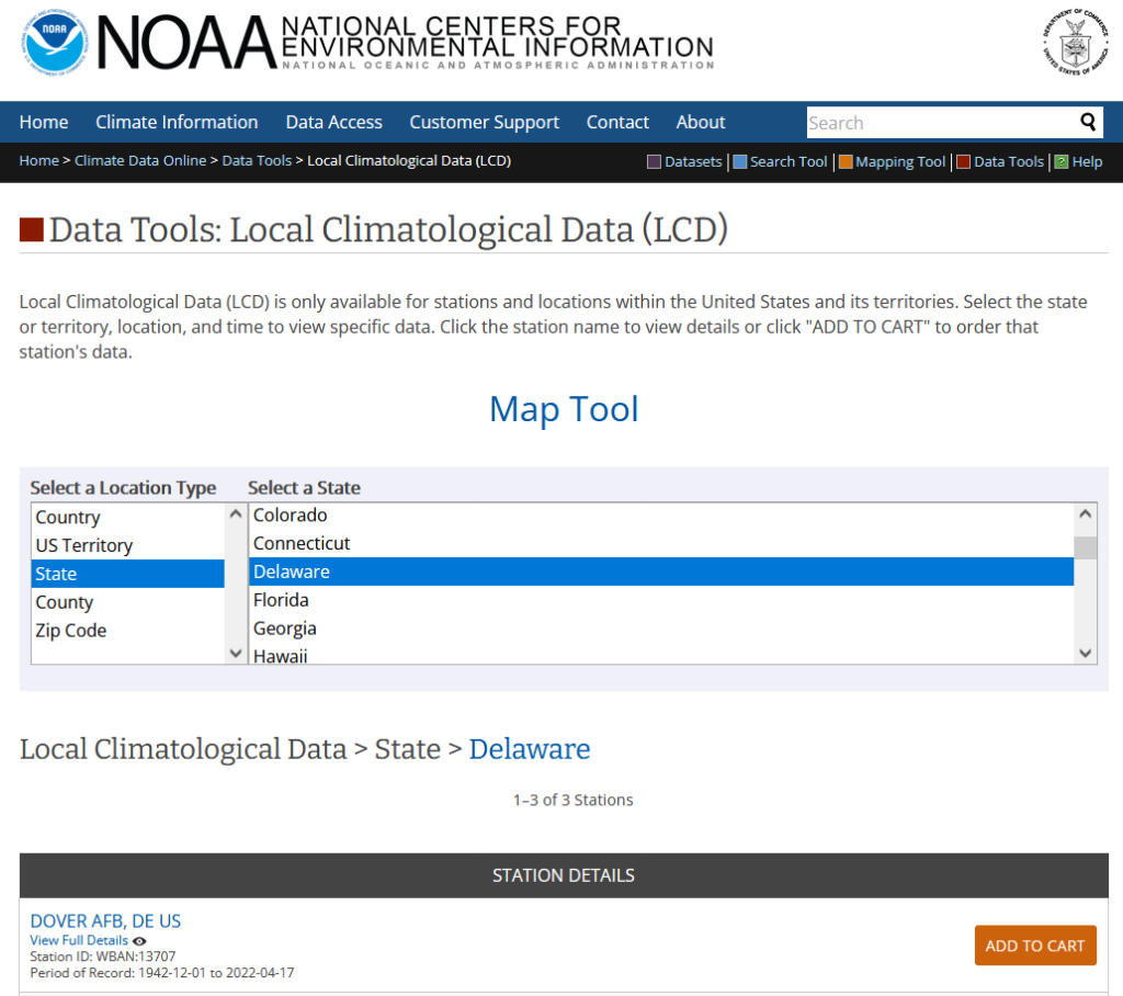 NOAA Local Climatological Data Map Tool