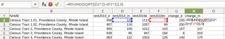 Spreadsheet with ACS formula to compute margin of error for change / difference