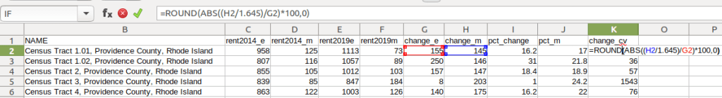 Spreadsheet with ACS formula to compute coefficient of variation