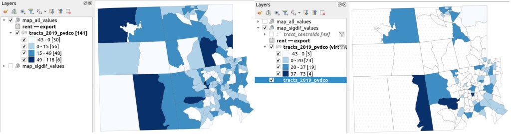 Map of difference on left, significant difference on right