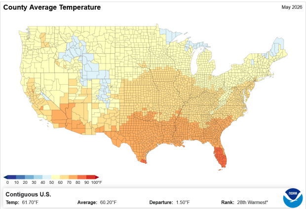 NOAA NCEI county average temperature map