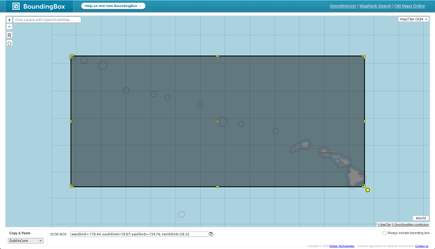 Klokan BoundingBox tool showing Hawaii