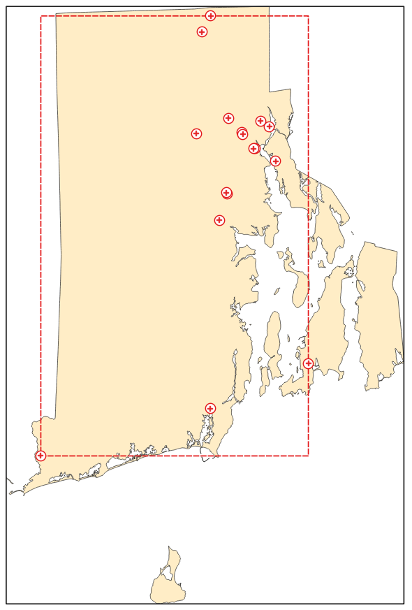 Bounding box of Rhode Island and RI hospitals